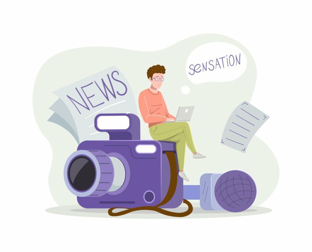 Male professional journalist blogger writing news sensation internet website use laptop on huge photo camera and microphone. Content author, online editor journalism, copywriting concept vector flat